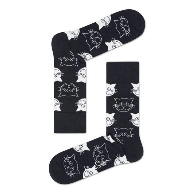 Zwarte Happy Socks Cat Mja01 fantasie sokken voor dames en heren met speelse witte kattenkoppen. - Jambelles