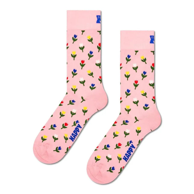 Roze Happy Socks Mini Tulip sokken voor dames en heren met kleurrijke tulpen en blauw logo - Jambelles