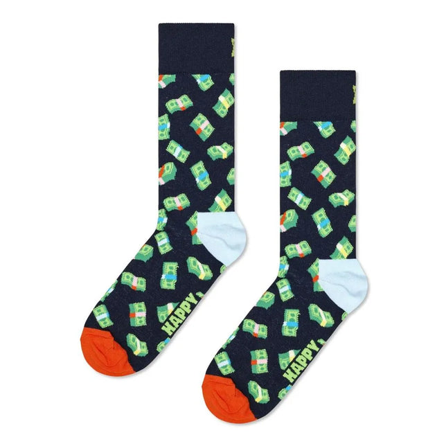 Happy Socks Money Sock fantasiesokken in donkerblauw met groene geldbundels, lichtblauwe hielen en oranje tenen - Jambelles