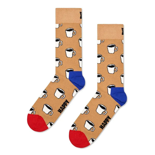 Happy Socks My Cup Of Tea fantasie sokken in beige met witte kopjes, rode tenen en blauwe hielen. - Jambelles