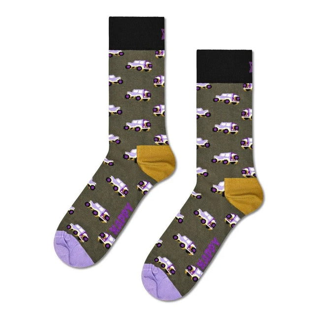 Happy Socks Suv Sock fantasiesokken in olijfgroen met witte SUV's, zwarte boord, paarse teen en okergele hiel. - Jambelles