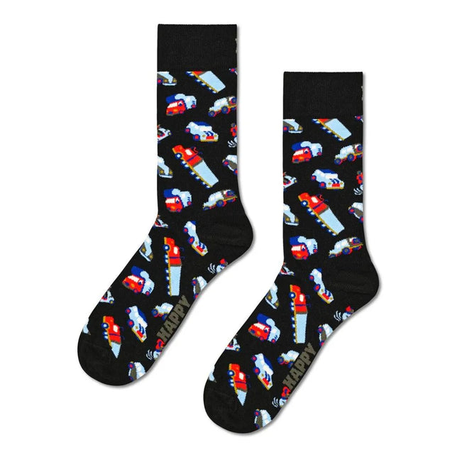 Zwarte Happy Socks Traffic Jam fantasie sokken voor dames en heren, met kleurrijke auto's en vrachtwagens. - Jambelles