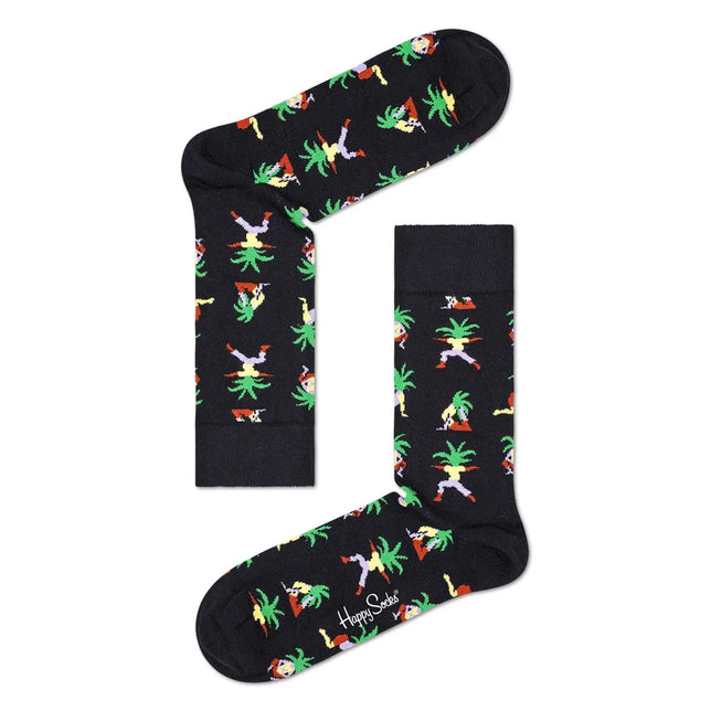 Paar zwarte Happy Socks Yoga Palm fantasiesokken voor dames en heren, met kleurrijke palmbomen en yogahoudingen. - Jambelles