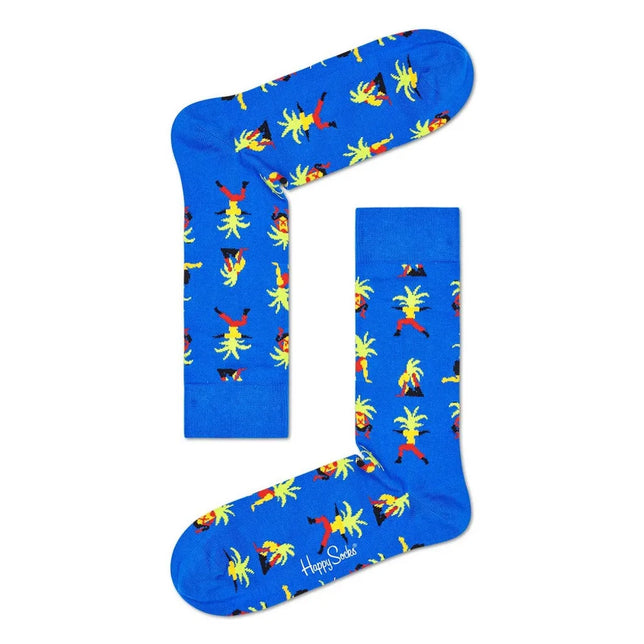 Blauwe Happy Socks Yoga Palm sokken YOG01 voor dames en heren met kleurrijke palmbomen en yogaposes - Jambelles