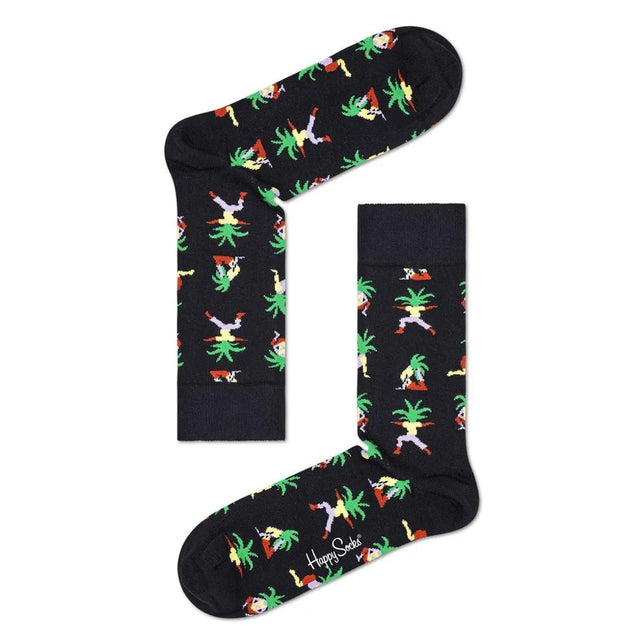 Happy Socks Yoga Palm fantasie sokken in zwart met kleurrijke yogahoudingen en groene palmbomen. - Jambelles