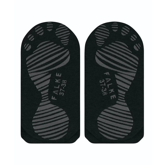 Paar zwarte FALKE Cool Kick SN CP 46453 herensokken met grijs gestreept antislipprofiel op de zolen. - Jambelles