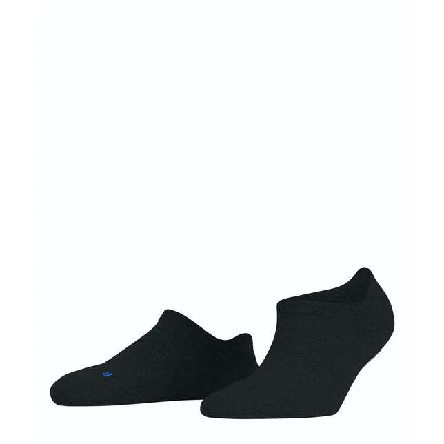 Twee zwarte FALKE Cool Kick SN CP 46453 herensokken, laag uitgesneden met een klein blauw logo. - Jambelles
