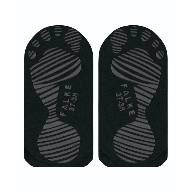 Paar zwarte FALKE Cool Kick SN CP 46453 herensokken met grijs gestreept antislipprofiel op de zolen. - Jambelles