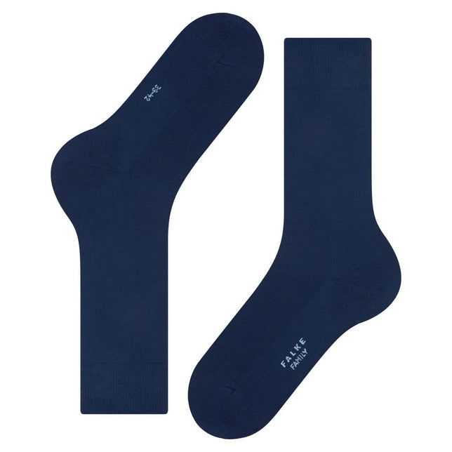Paar donkerblauwe heren sokken FALKE Family SO 14657, effen met licht FALKE Family-logo onder de voet. - Jambelles