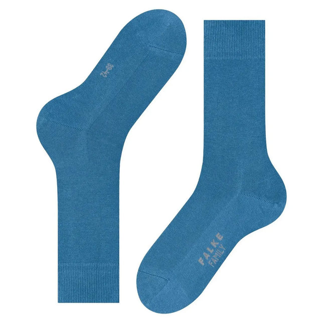 Blauwe heren sokken FALKE Family SO 14657 met effen design, geribde boord en grijs logo op de voet. - Jambelles