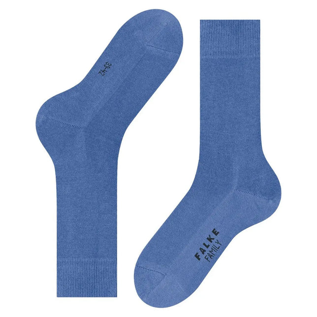 Blauwe FALKE Family SO 14657 herensokken met effen design, geribde boorden en FALKE-logo op de voet. - Jambelles