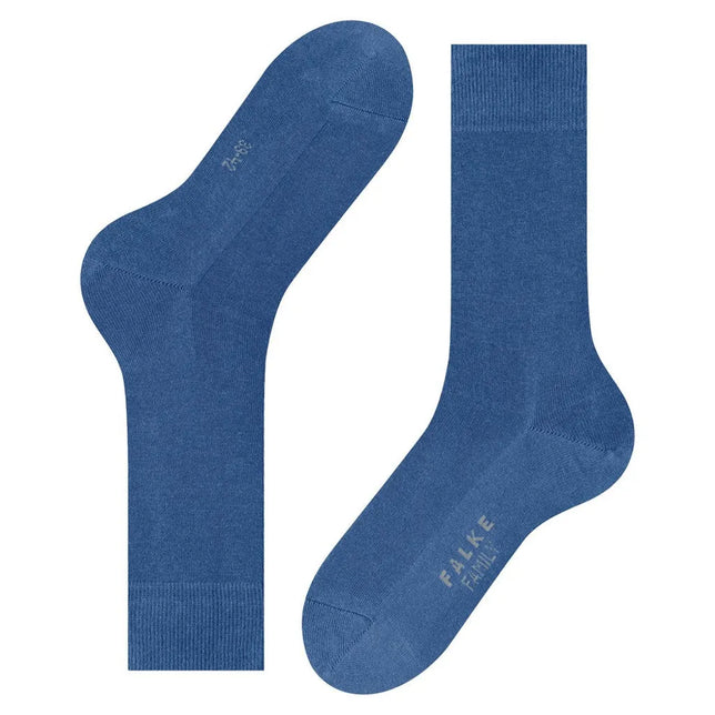 Blauwe FALKE Family SO 14657 herensokken met effen dessin, geribde boorden en FALKE-logo op de zool - Jambelles