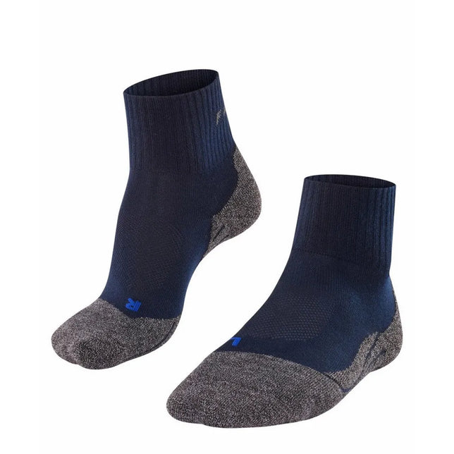 Paar FALKE TK2 Sh Co 16154 herensokken in donkerblauw met grijze tenen, hielen, geribde boorden en blauw logo. - Jambelles