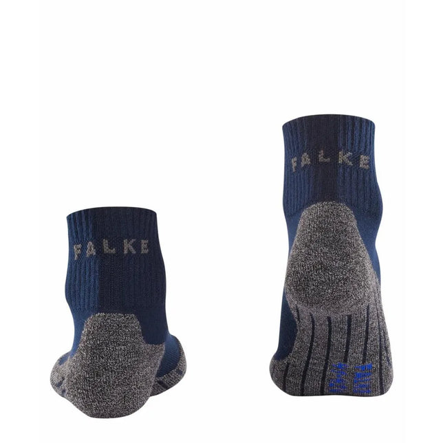 Twee donkerblauwe FALKE TK2 Sh Co 16154 herensokken met grijze gevoerde zolen, ribstructuur en logo op de boord. - Jambelles