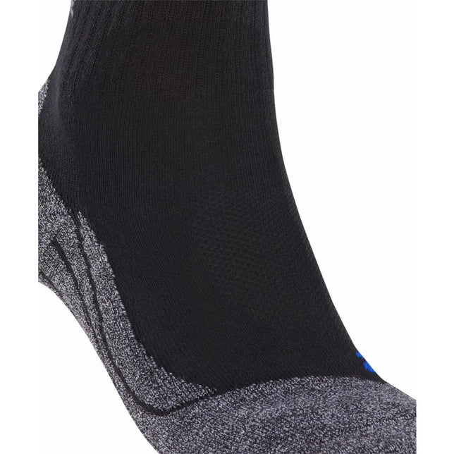 Close-up van zwarte FALKE TK2 Sh Co 16154 herensok met gemêleerd grijze zool en klein blauw detail - Jambelles