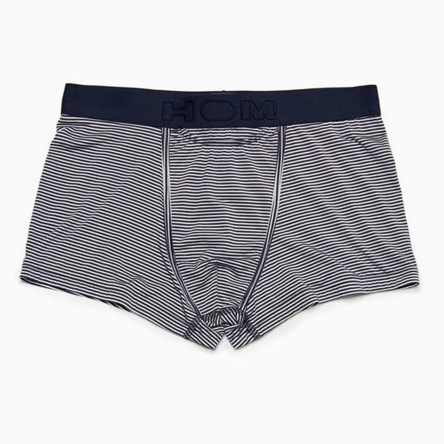 HOM herenboxer HO1 Simon 359850 in donkerblauw met fijne witte strepen, logoband en verticale gulp. - Jambelles