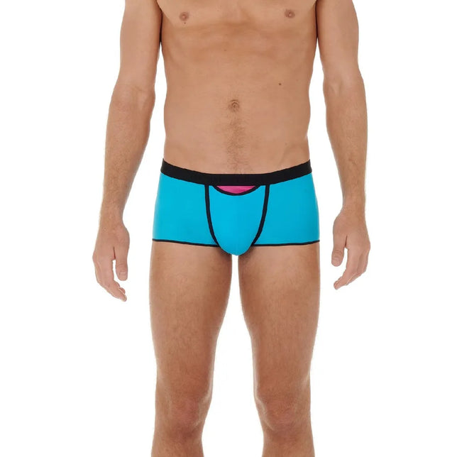 HOM heren boxer trunk HO1 Plume Up 402373 in turquoise, met zwarte tailleband en biezen en roze detail aan de voorkant - Jambelles