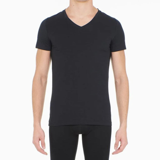 HOM heren T-shirt Supreme Cotton 401331 in zwart, aansluitend model met V-hals en korte mouwen. - Jambelles