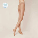Lichtblauwe verpakking van Kunert damespanty Fresh Up 10 met benen in een transparante huidkleurige panty. - Jambelles
