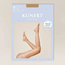 Lichtblauwe verpakking van Kunert damespanty Fresh Up 10 met benen in een transparante huidkleurige panty. - Jambelles