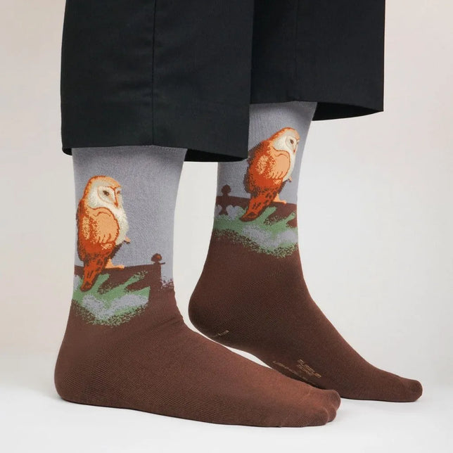 Ch-Los fantasiesokken voor dames en heren in bruin en grijs, met grote oranje uil op een tak. - Jambelles