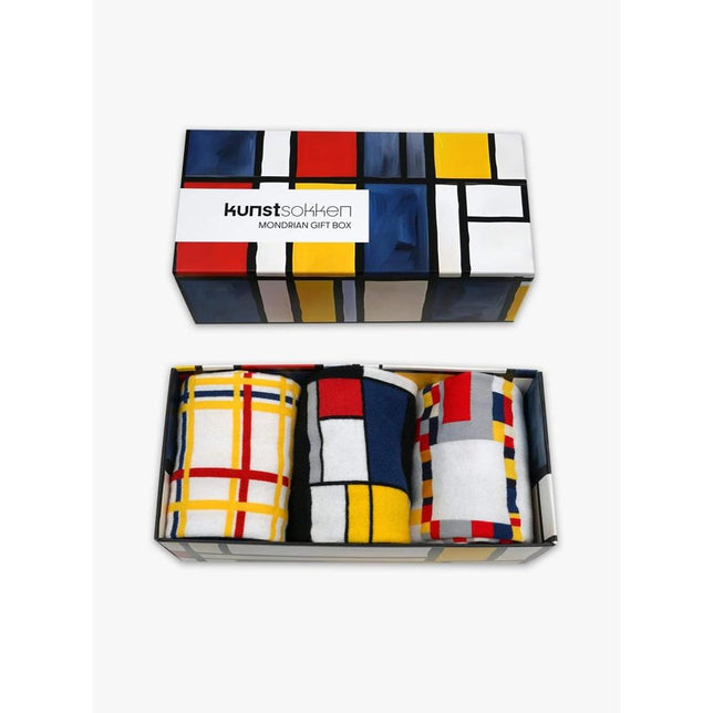 Kunstsokken Dames &amp; Heren Fantasie Sokken Mondriaan Gift Box 3P GB-MON - Jambelles