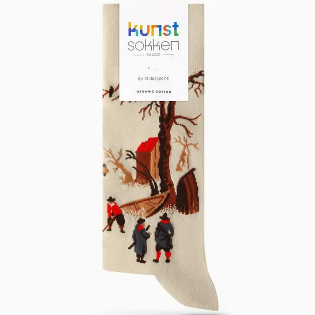 Beige Kunstsokken fantasiesokken voor dames en heren met winterlandschap, schaatsers, bomen en een huisje - Jambelles