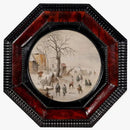 Ch-Kwl fantasiesokken met winters schilderij van schaatsers bij huizen en bomen, omlijst in rood en zwart. - Jambelles