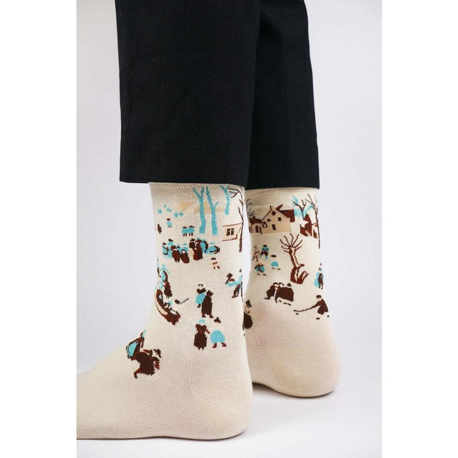 Kunstsokken Dames &amp; Heren Fantasie Sokken Winterlandschap met Schaatsers CH-WLS - Jambelles