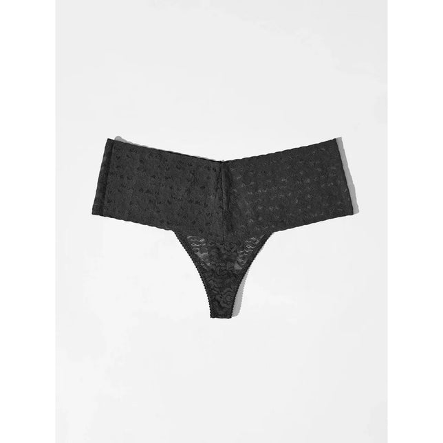 Lace Laboratory dames high-waist string in zwart gebloemd kant met brede tailleband en smal achterpand. - Jambelles