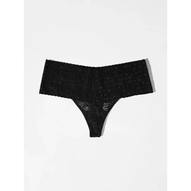 Lace Laboratory LL High Waist Thong HWT, zwarte damesstring van bloemenkant met brede hoge tailleband. - Jambelles