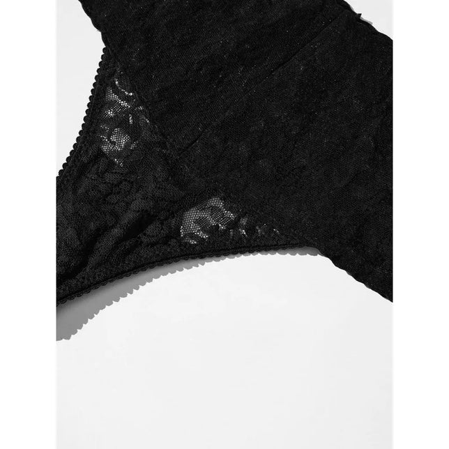 Zwarte Lace Laboratory damesstring met hoge taille, transparant bloemenkant en geschulpte randen. - Jambelles