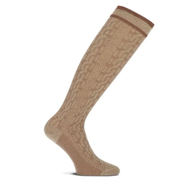 MarcMarcs dameskniekous Courtney 82169 in beige met kabelpatroon en beige-bruine gestreepte boord. - Jambelles