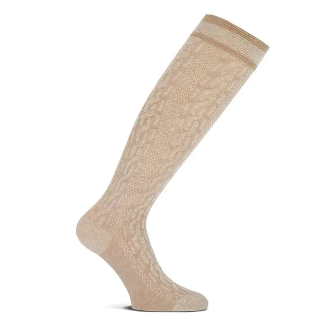 MarcMarcs dameskniekous Courtney 82169 in beige met subtiel luipaardpatroon en brede effen boord. - Jambelles