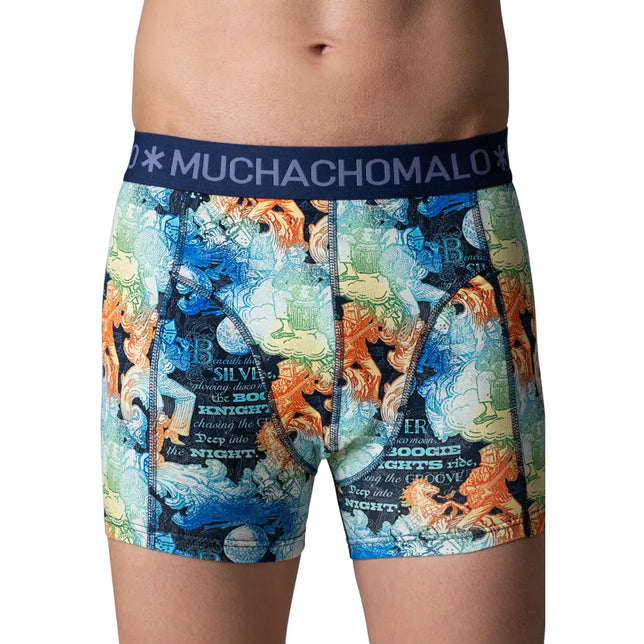 Muchachomalo herenboxer TOTEMHORSE1010 met blauw-groene print, oranje details en donkerblauwe logoband - Jambelles