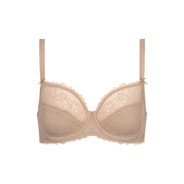Mey dames beugel-bh 1350002 in beige kant, met verstelbare schouderbandjes en kleine strikjes. - Jambelles