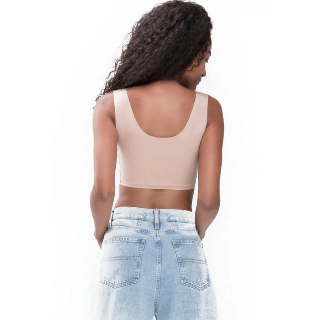 Mey dames bralette bustier 74821 in beige, achteraanzicht met brede schouderbanden en lage ronde rug. - Jambelles