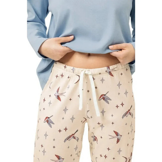 Mey dames pyjamaset 1240148 met lichtblauwe top en crèmekleurige broek met vogel- en sterrenprint en trekkoord - Jambelles