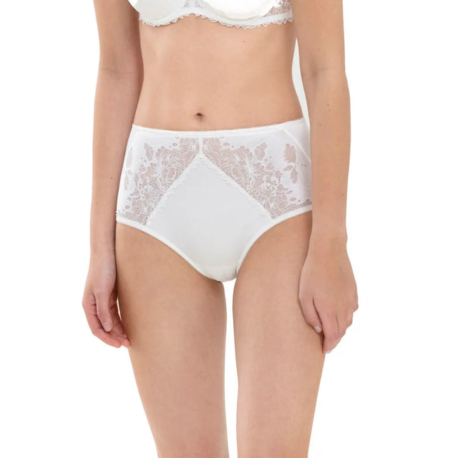 Mey dames tailleslip 79285 in wit, hoog model met transparante kanten bloemenpanelen aan de voorzijde. - Jambelles