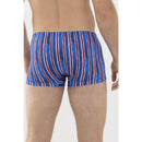 Mey heren boxer shorty 37144 in blauw met verticale rode en witte strepen en zwart logolabel op de tailleband. - Jambelles