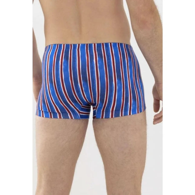 Mey heren boxer Shorty 37144 in blauw met verticale rode en witte strepen, achteraanzicht. - Jambelles
