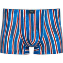 Mey heren boxer shorty 37144 in blauw met verticale rode en witte strepen en zwart logolabel op de tailleband. - Jambelles