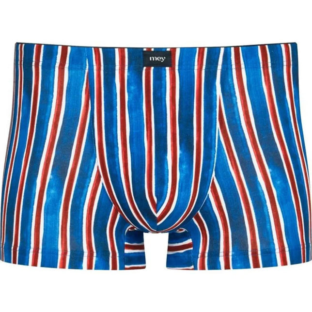 Mey Heren Boxer Shorty 37144 in blauw met verticale rode en witte strepen en een zwart logo op de tailleband. - Jambelles