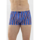 Mey heren boxer shorty 37144 in blauw met verticale rode en witte strepen en zwart logolabel op de tailleband. - Jambelles