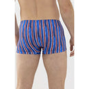 Mey heren boxer shorty 37144 in blauw met verticale rode en witte strepen en zwart logolabel op de tailleband. - Jambelles