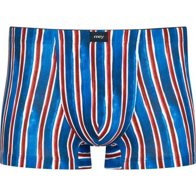 Mey heren boxer shorty 37144 in blauw met verticale rode en witte strepen en zwart logolabel op de tailleband. - Jambelles