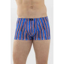 Mey heren boxer shorty 37144 in blauw met verticale rode en witte strepen en zwart logolabel op de tailleband. - Jambelles
