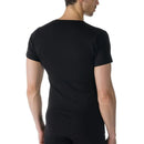 Achteraanzicht van Mey Basics 49107 herenshirt in zwart, met korte mouwen en aansluitende pasvorm. - Jambelles