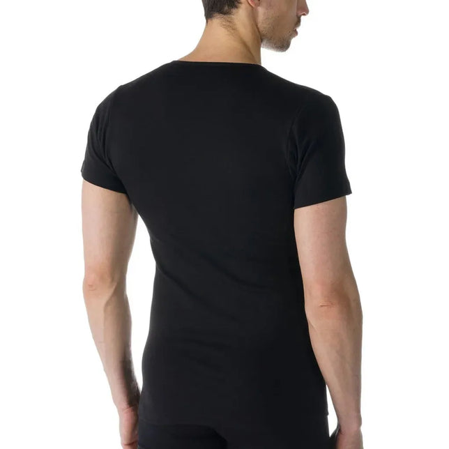 Achteraanzicht van Mey Basics 49107 herenshirt in zwart, met korte mouwen en aansluitende pasvorm. - Jambelles