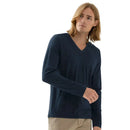Mey heren longsleeve 36063 in donkerblauw, effen shirt met ronde hals en lange mouwen, zijaanzicht. - Jambelles